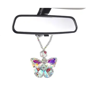 Povtii 1 Pcs AB-Flower Crystal Butterfly Car Hanging Ornament, 5.1×1 Inches Sun Catcher Lucky Rearview Decoration, Women's Car Interior Accessory with Beautiful Light and Shadow Effects