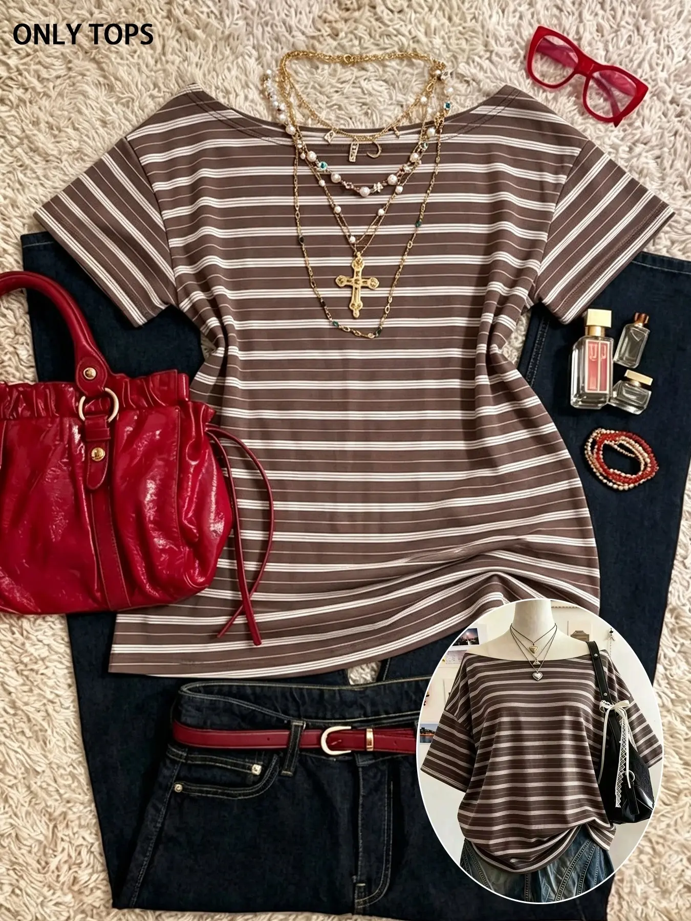 Women's Striped Off Shoulder T-Shirt, Regular Short Sleeve Slash Neck Blouse, For Causal Daily Street All Seasons Outfit