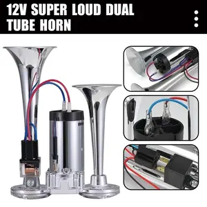 12V Car Air Compressor Safety Horn, Super Loud Dual Horn Kit, Compatible with Any 12V Vehicle, Truck Horn, Boat Horn, Train Speaker