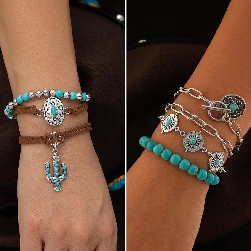 Bohemian  Set With Turquoise Necklace, Dangle Earrings, Stackable Bangle Bracelets, Knuckle Rings For Women  Western Boho Turquoise Anniversary Birthday Friendship