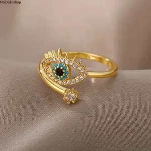 Gold Evil Eye Jewelry Set - Turkish Blue Crystal Evil Eye Ring & Earrings for Women, Dainty Protection Jewelry with CZ Accents, Perfect Lucky Charm for Everyday Fashion & Gift