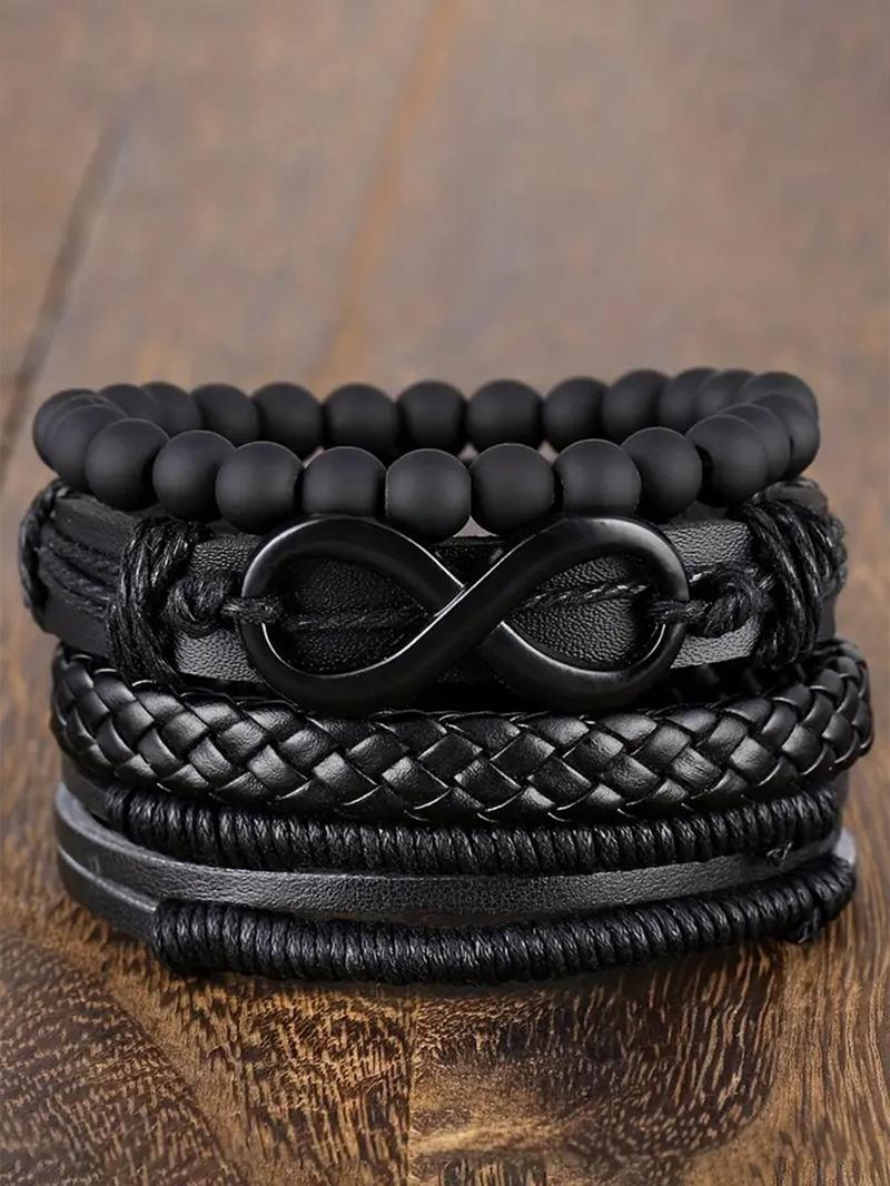 Vintage Braided Rope Leather Bracelet Set, 4 Counts/set Black Boho Beaded Band Bracelet & Link Summer Bracelet, Boho Adjustable Leather Jewelry for Summer Party, Daily, Punk Accessories for Men, Stackable Bracelets, Boho Style Bracelet
