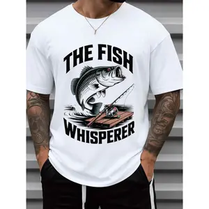 Men's Fishing Whisperer T-Shirt - 180g 100% Cotton 180g[100%cotton]Fun Fishing Graphic Tee with Fish & Rod Print, Casual Short Sleeve Round Neck Shirt for Anglers, Christmas Gifts for Dad, Husband, Fishing Enthusiasts
