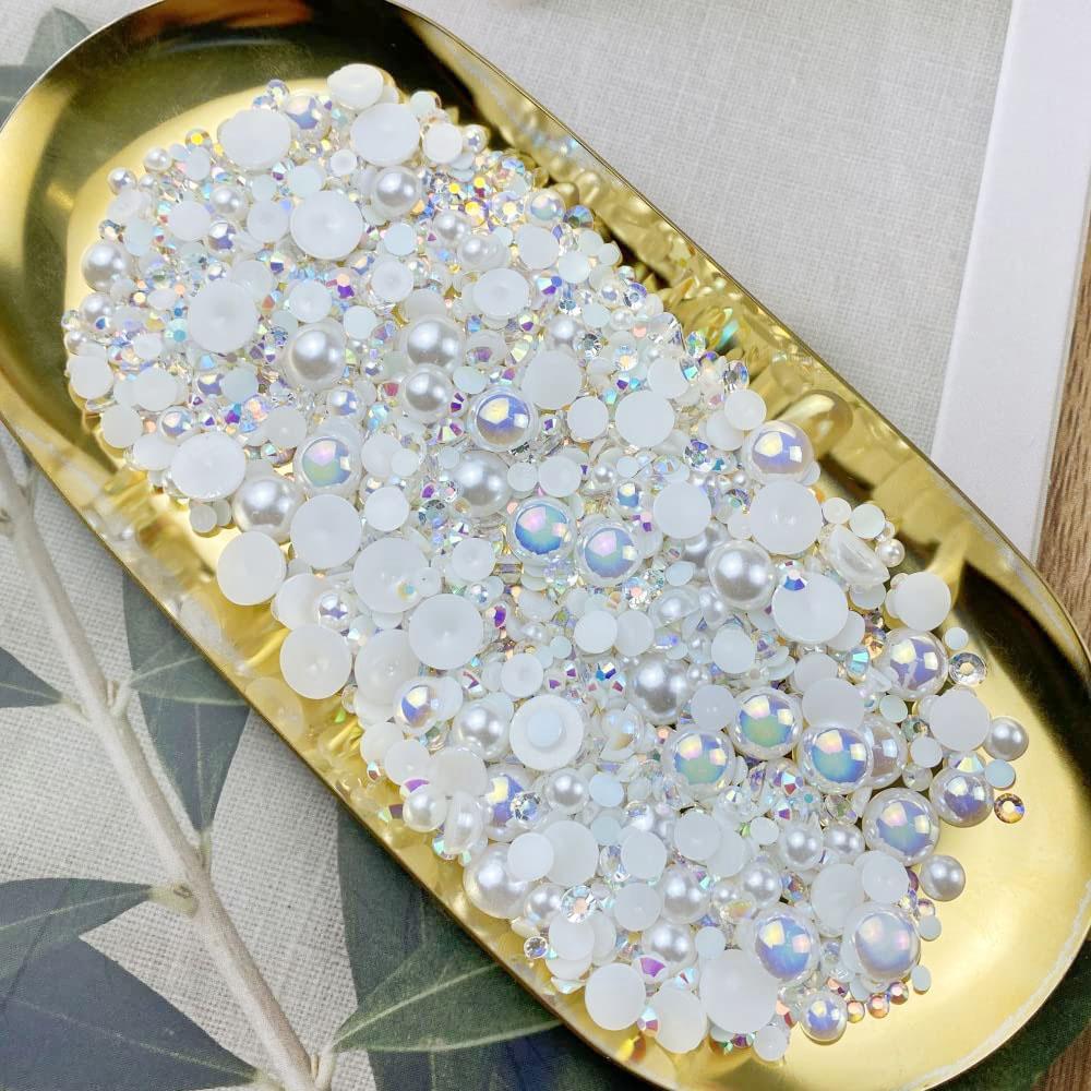 Mixed Size Flat Back Pearls & Rhinestones (1200pcs), Resin Rhinestones, Semi-circular Flat Back Pearl Rhinestones, DIY Materials For Nails, Face, Art, Crafts, Jewelry Decoration, Bling Rhinestone Decoration