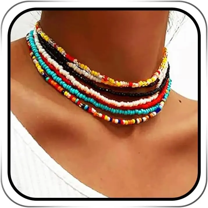 Boho Layered Beaded Choker Necklace Colorful Chokers 7 count for Women | Multi-colored Seed Beads Necklaces Bohemian Summer Beach Costume
