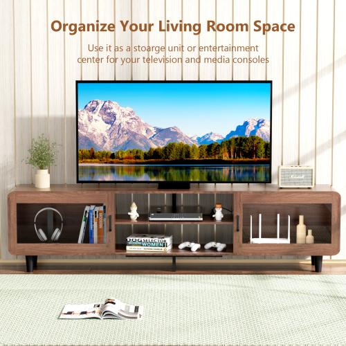[Bellemave]Mid Century Modern TV Stand for 55/60/65/70 Inch TV, Wood Entertainment Center with Power Outlets, Media Console with Sliding Doors and Open Shelf for Living Room, Walnut