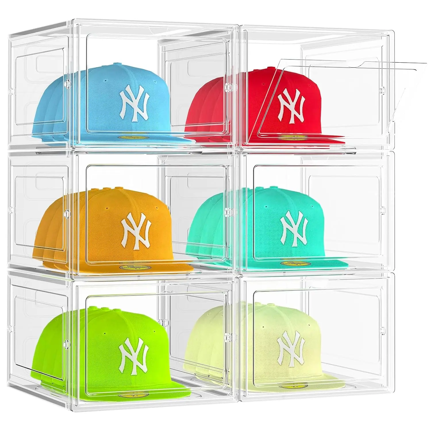 6-Pack Acrylic Plastic Cap Storage Boxes, Stackable Baseball Cap Holders with Magnetic Doors, Indoor Recreation Organizers That Holds 8 Hats Each