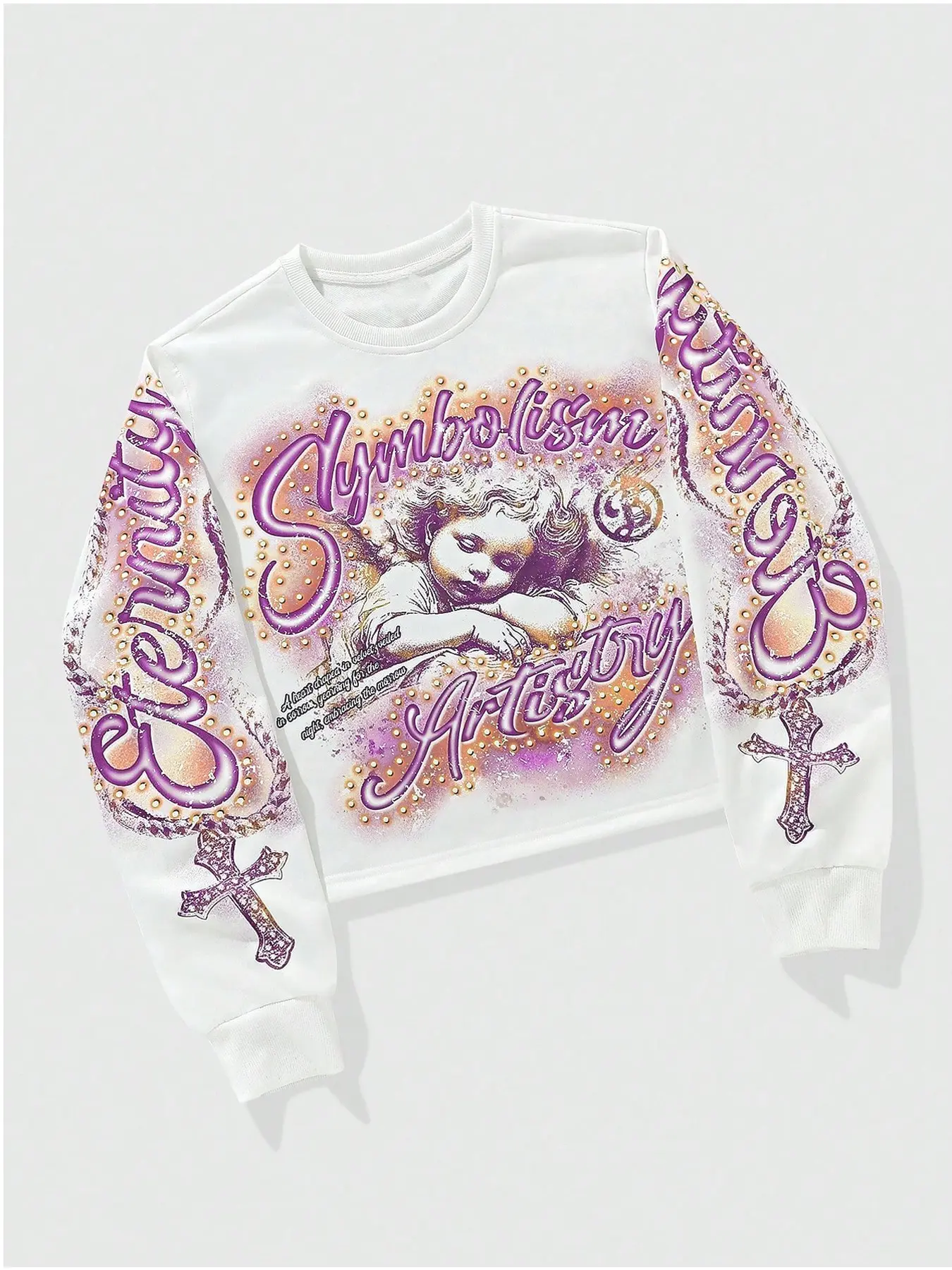 Men's Y2K Graphic Crewneck Sweatshirt, Oversized Streetwear Pullover with Angel Cherub Print, Cross Artwork, Purple Graffiti Letter Design and Vintage Washed Aesthetic for Fall Winter Fashion