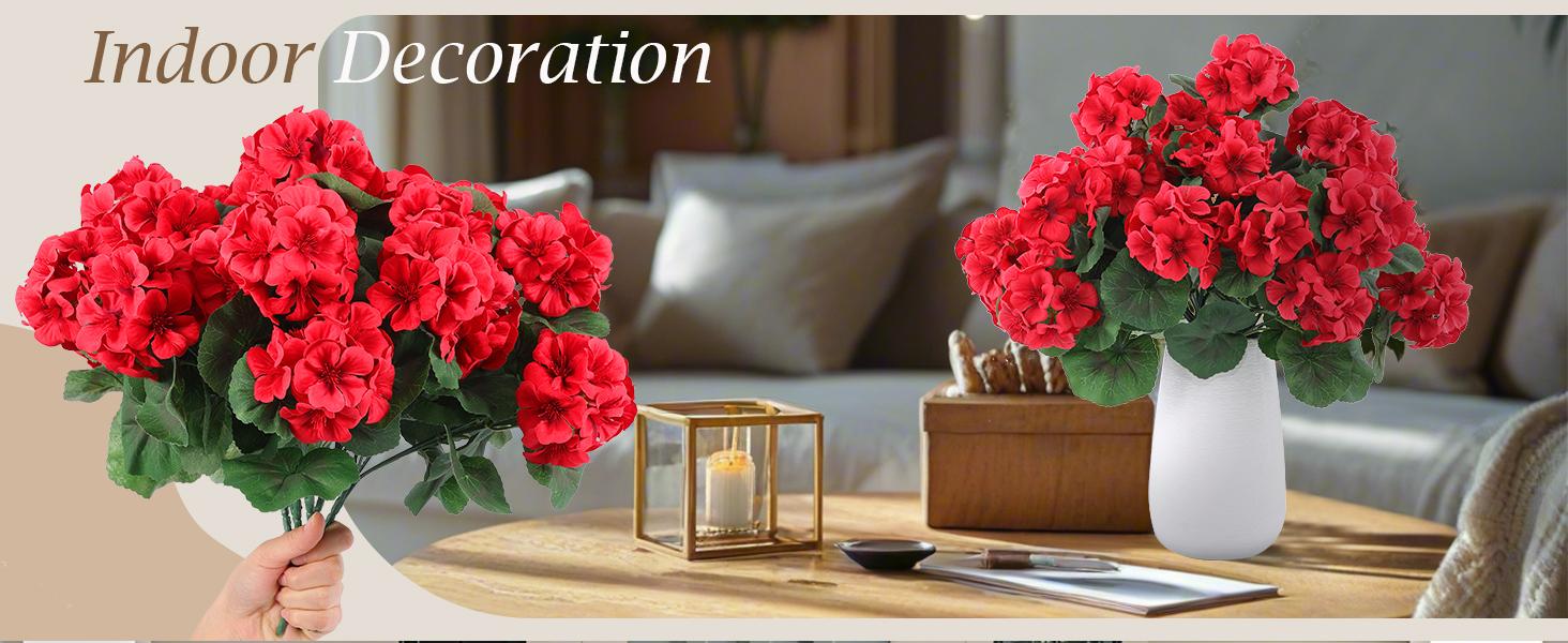 8 Pcs Artificial Geranium Flowers for Outdoors Geranium Silk Red Flower Outdoor UV Resistant Garden Plants Faux Flowers for Christmas Home Kitchen Table Centerpieces Decor