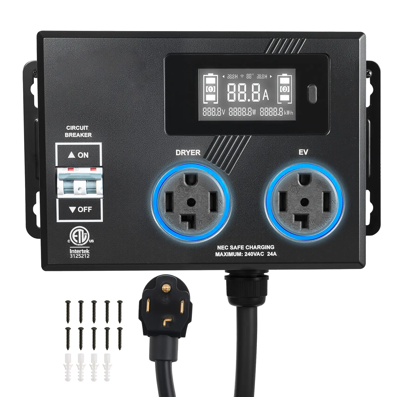 Automatic EV Charging Switch, NEMA 14-30, Splitter Switch for Dryer & EV Charger, 24A Max 240V Smart Power Distribution with Circuit Breaker, Real-Time Display, for EVs, Ovens, Dishwashers, ETL