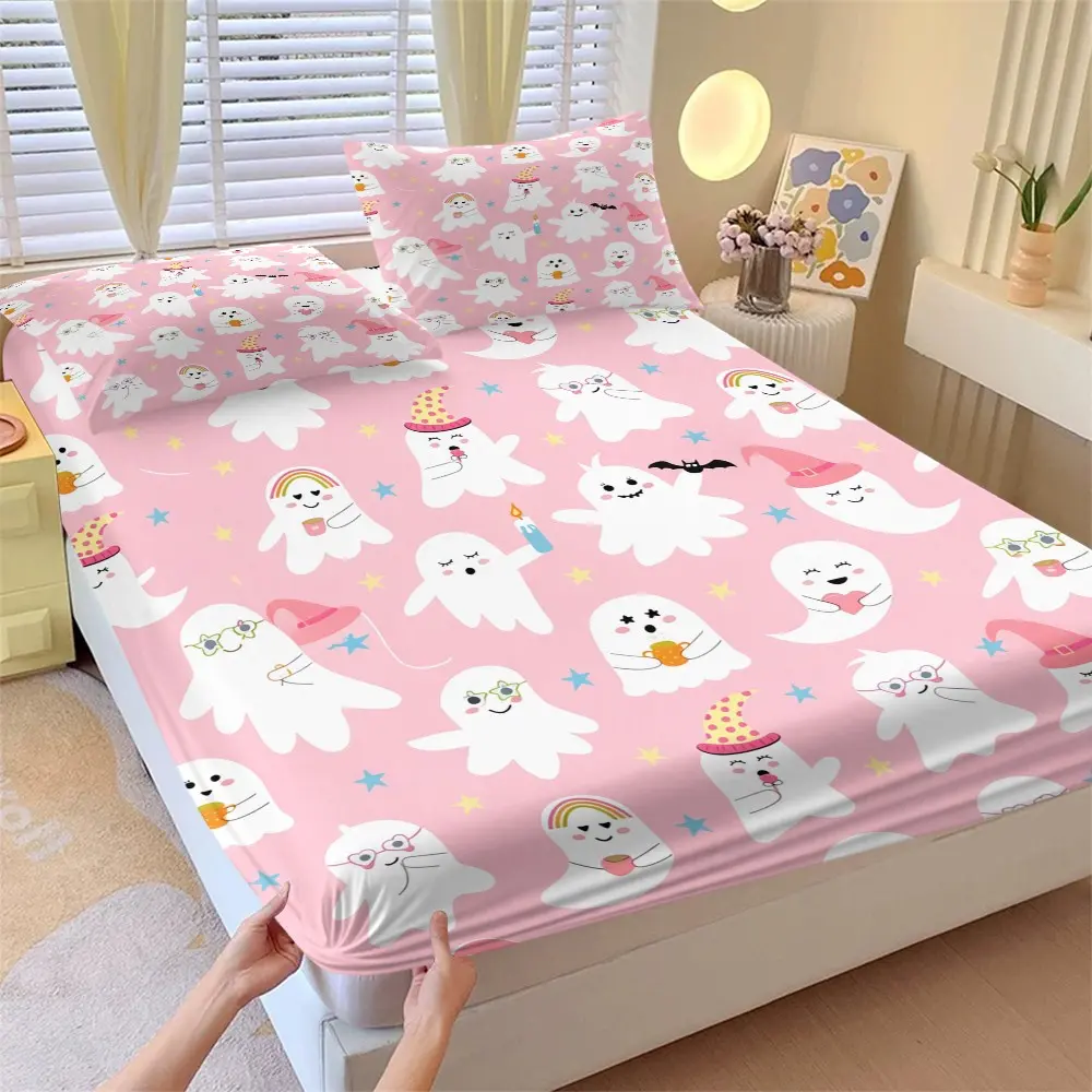 3 Piece Set Cartoon Ghost Bed Sheet, High Elastic Full Cover Mattress Protector, Dustproof Non-Slip, Halloween Bedroom Decor