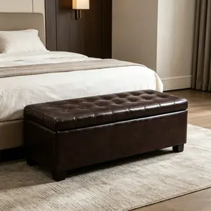 Storage Ottoman, Storage Bench, Tufted Entryway Bedroom Bench, 49.75Inches, Hinges Easy Lid Operation, Wooden Legs, Synthetic Leather, Loads 300 lb,Brown