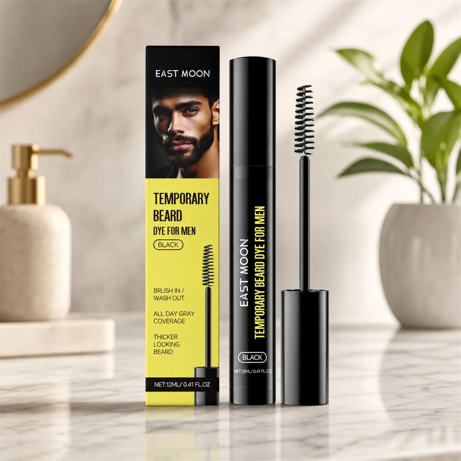 EAST MOON Temporary Beard Dye for Men, Black Beard and Eyebrow Dye Brush-In Color Gel, 12 ml, Wash-Out Gray Coverage Grooming Dye