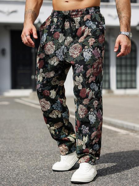Men's Casual Floral Woven Pants, Elastic Drawstring Waist, Loose Fit, Perfect for Beach Vacation & Music Festivals
