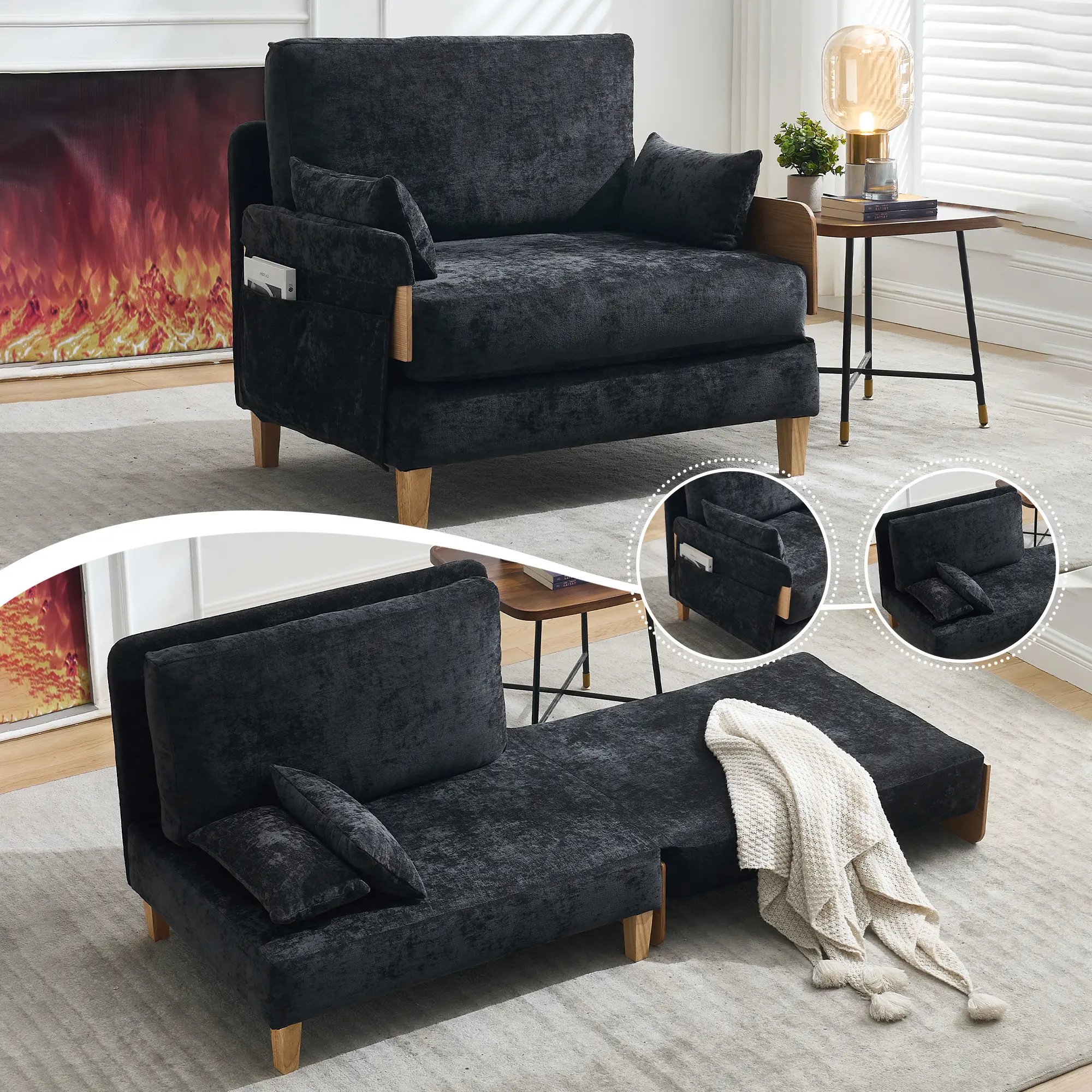 Nokaa 3-in-1 Foldable Chenille Couch Recliner - Convertible Sleeper (Sleeps 1) with 3 Pillows, Mid-Century Modern Indoor Living Room Furniture for Small Spaces, Black, Sleeps One