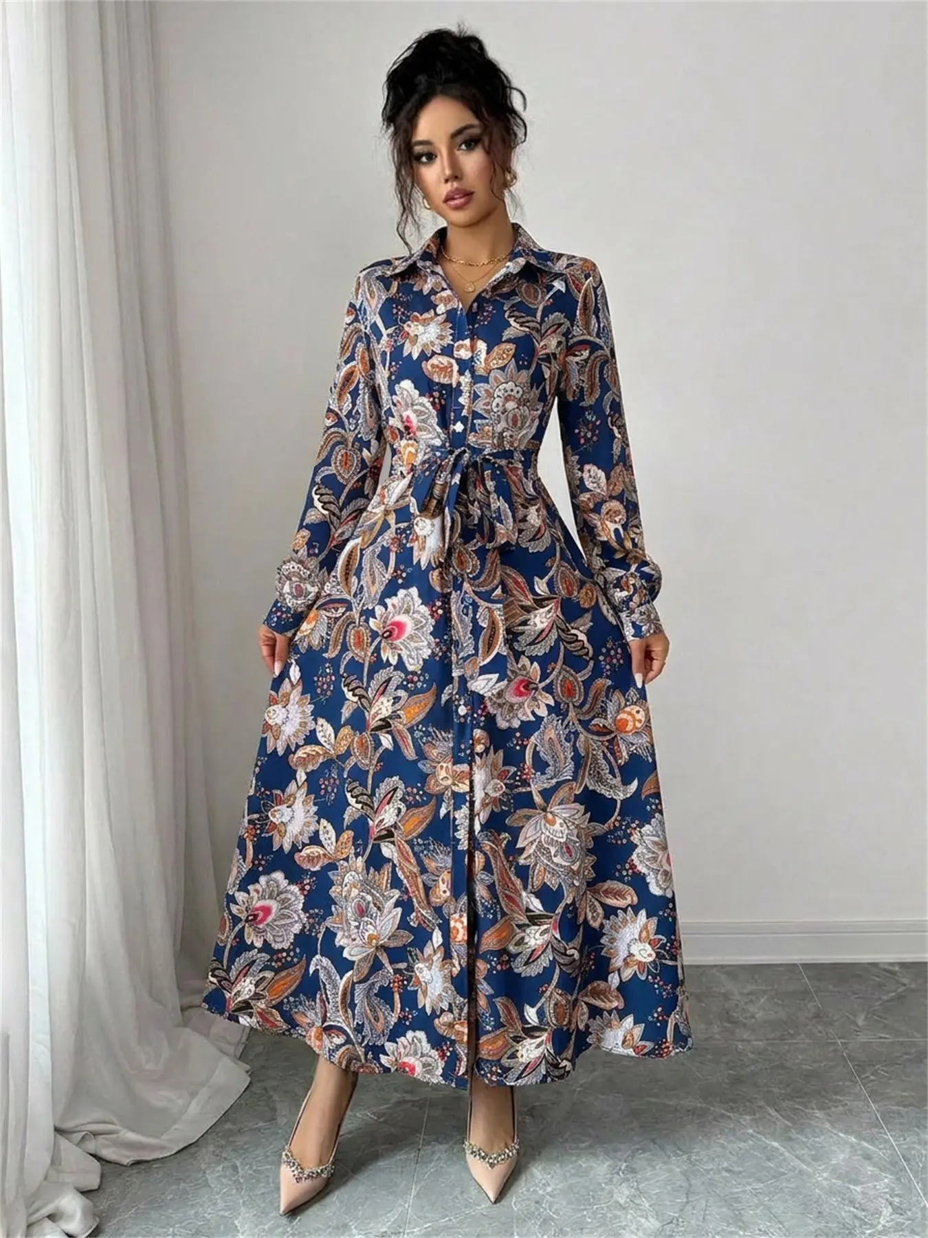 Autumn Retro Floral Print Belted Long Dress, Casual Loose-Fitting Long Sleeve Shirt Dress, Women's Fashion Fall