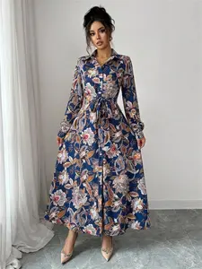 Autumn Retro Floral Print Belted Long Dress, Casual Loose-Fitting Long Sleeve Shirt Dress, Women's Fashion Fall