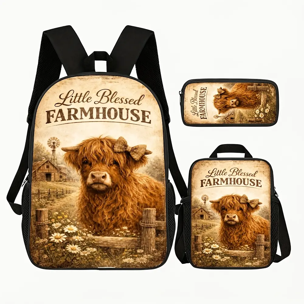 Women's 3-Piece Vintage Lucky Highland Cow Floral Backpack - Farmhouse Country Western Cottage Style, Commuter/Travel Everyday Bag, Backpack, Back-to-School Essential