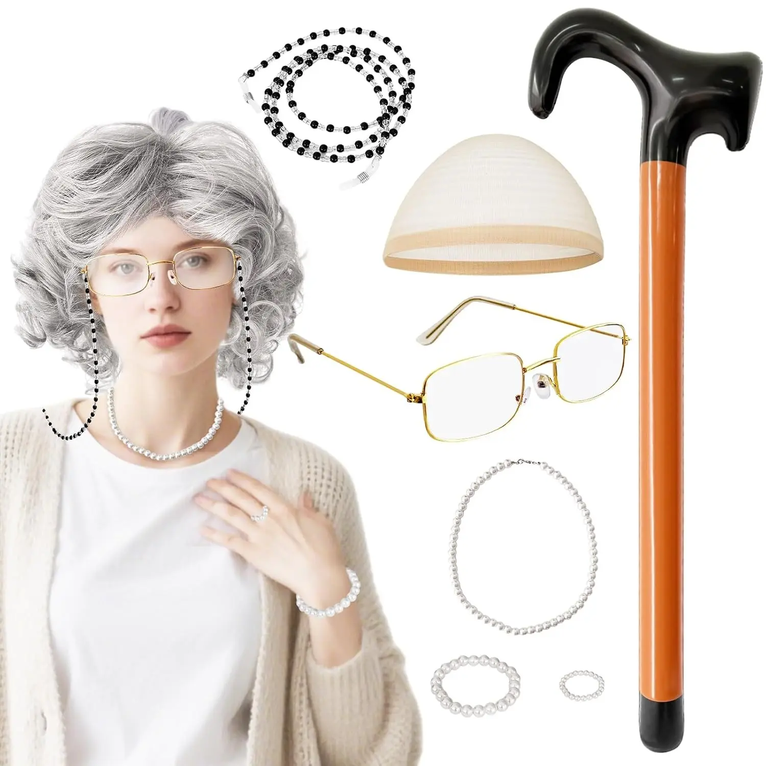 8Pcs Grey Old Lady Wig Set for Women - Grandma Costume Wig for Halloween, Party, Cosplay, 100 Days of School(Gift)