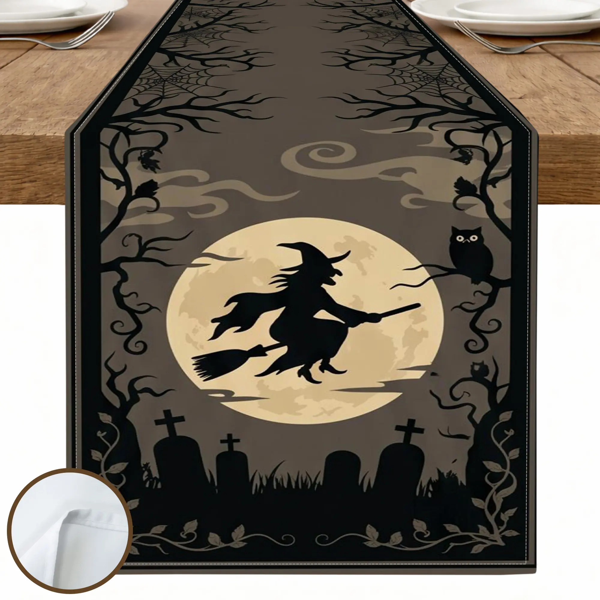 1PC Witch Moon Cemetery Table Runner, Gothic Halloween Style, Vibrant Printed Decorative Dining Table Cover Ideal for Halloween Party Kitchen Table Decor