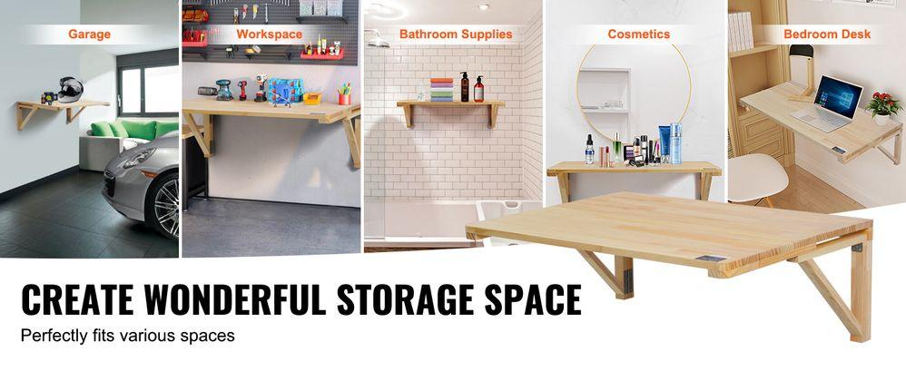 TikTokShopBlackFridayVEVOR Wall Mounted Folding Table, 31.5" x 23.62" Wall Mount Drop Leaf Table, Wooden Floating Desk with Iron Bracket, Fold Down Desk for Small Spaces, Home Office, Dining, Laundry Room, Kitchen, Bar