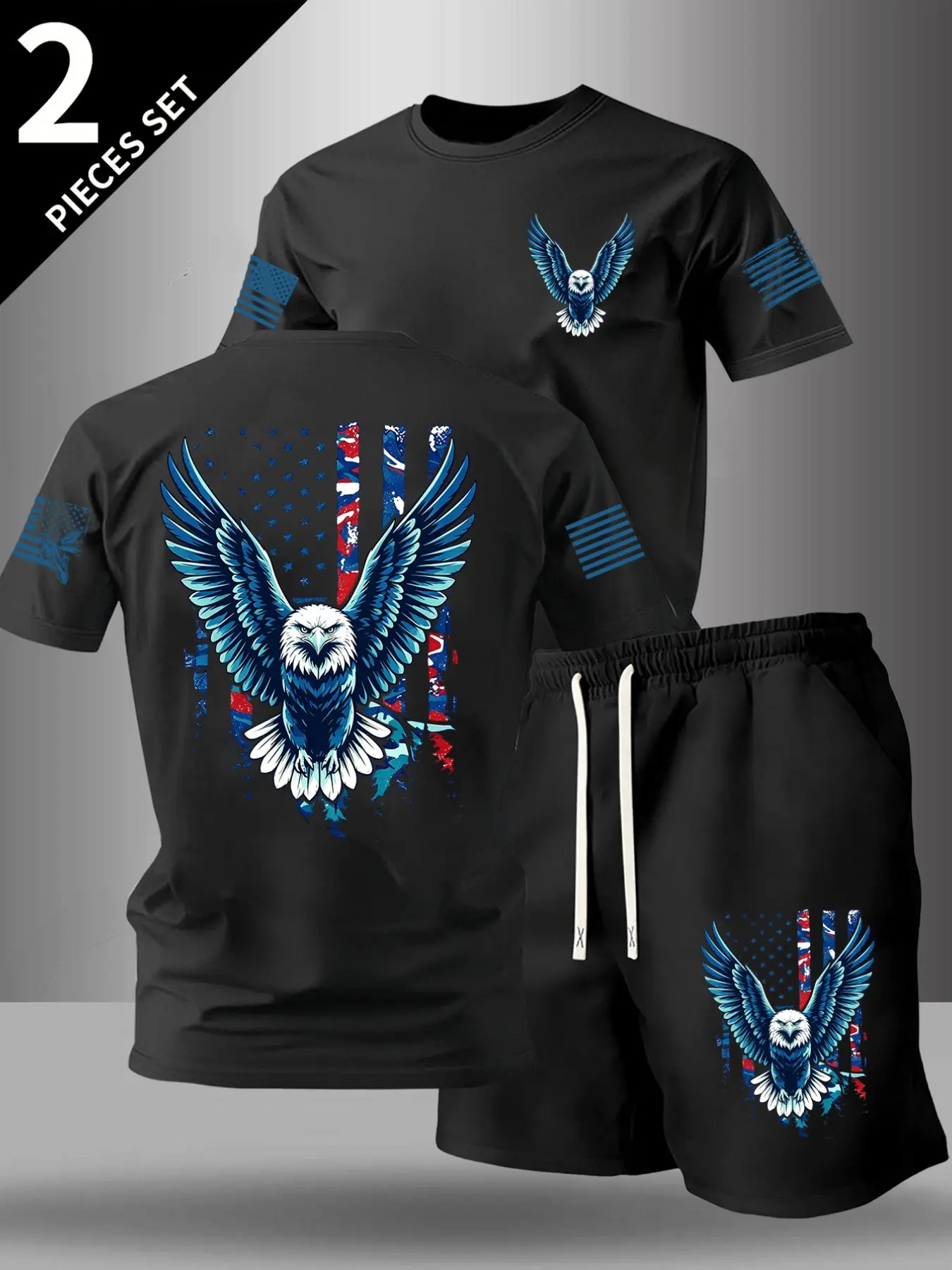 2 Pieces Mens Outfit Set Crew Neck Short Sleeve Tee & Drawstring Beach Shorts Distressed Eagle American Flag Chest Back Sleeve Graphic Print Patriotic Loose Casual Summer Streetwear Matching Set#PatrioticMatchingSets #EagleFlagPrintOutfit