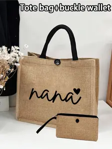 Large Capacity Linen Handbag with Small Pouch, Granny Love Letter Design, Portable Shopping Bag, Thanksgiving Gift, Unique Family Present