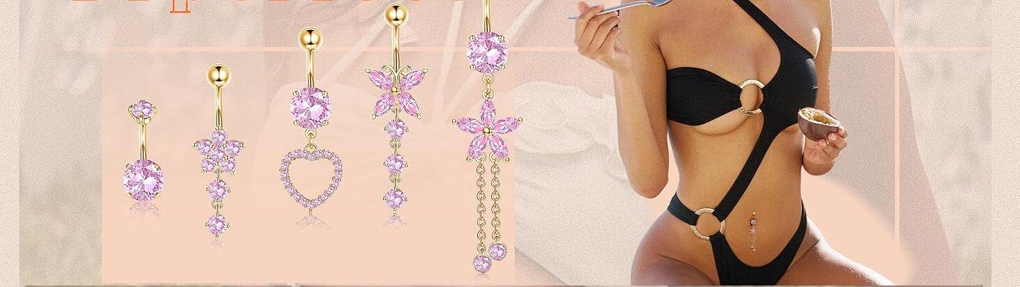 Trendy 14G Belly Button Piercing Rings for Women  Surgical Stainless Steel with Cute CZ Flower Butterfly and Heart Designs Dangle Navel Piercing Jewelry