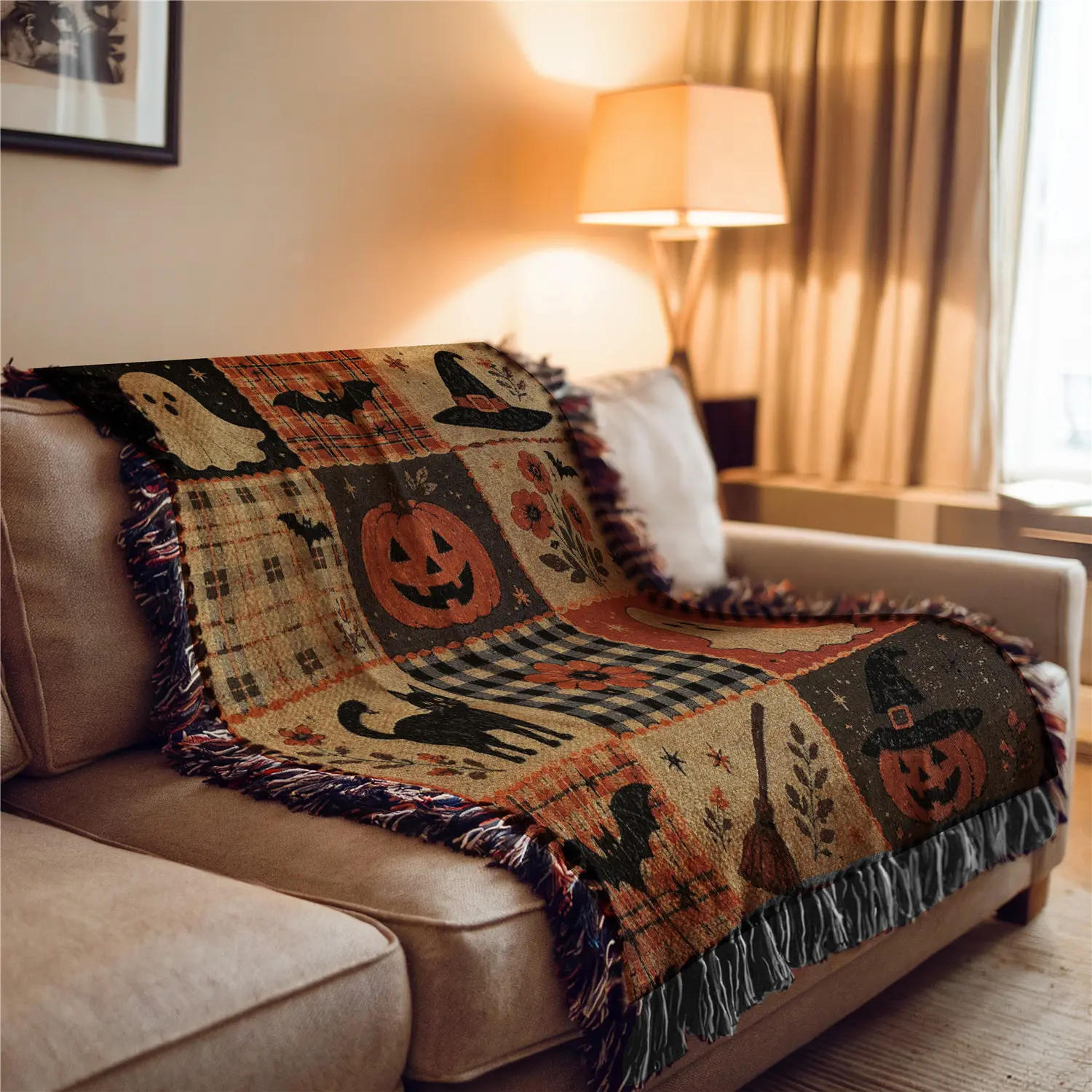 Halloween Grid Pattern Bohemian Style Sofa Towel: Thick Soft, Yarn Woven Not Printed, Non Fading and Easy To Care, Can Be Used for Home Decoration Bed Chair Tapestry Tablecloth Floor Garden Picnic Travel Outdoor Camping Office Nap