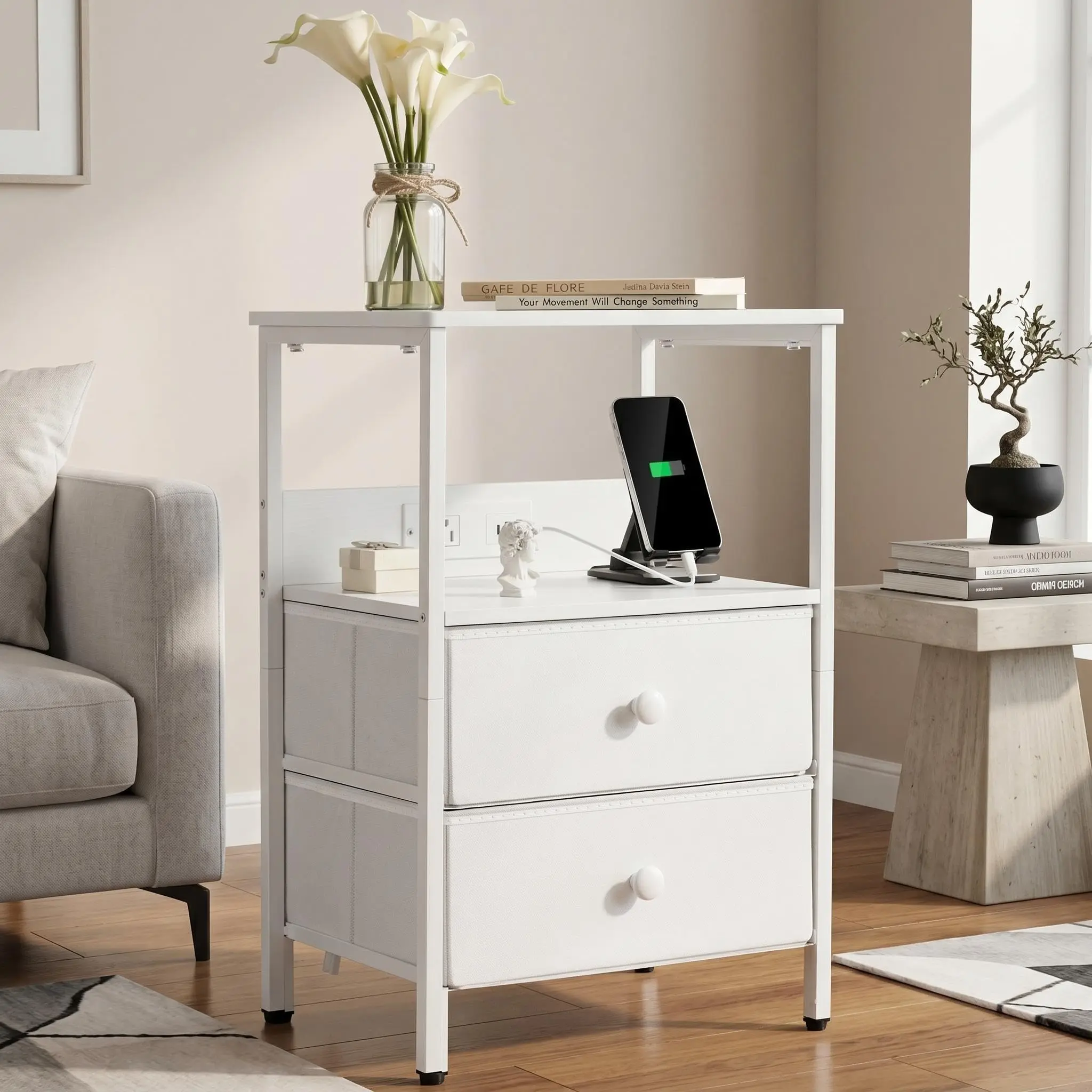 Garvee Nightstand with Charging Station, Compact Night Stand End Table with 2 Fabric Drawers & Open Storage Shelf, Side Table with USB, Type c Ports & Outlets, Modern Bedside Table for Bedroom, White