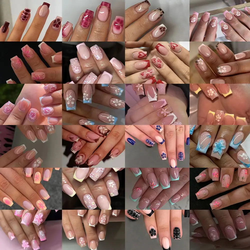 576pcs Short Square French Press-On Nails, 3D Gel Flowers, Peony Nail Art, Polka Dot and Leopard Patterns, Acrylic False Nails Set