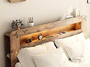 ARCH Wooden Bed Frame Queen Size with Storage Headboard, Farmhouse Platform Bedframe with Bookcase Shelf & Led Lights, Sturdy Wood Slat Framework Bed Frame (Rustic Brown)