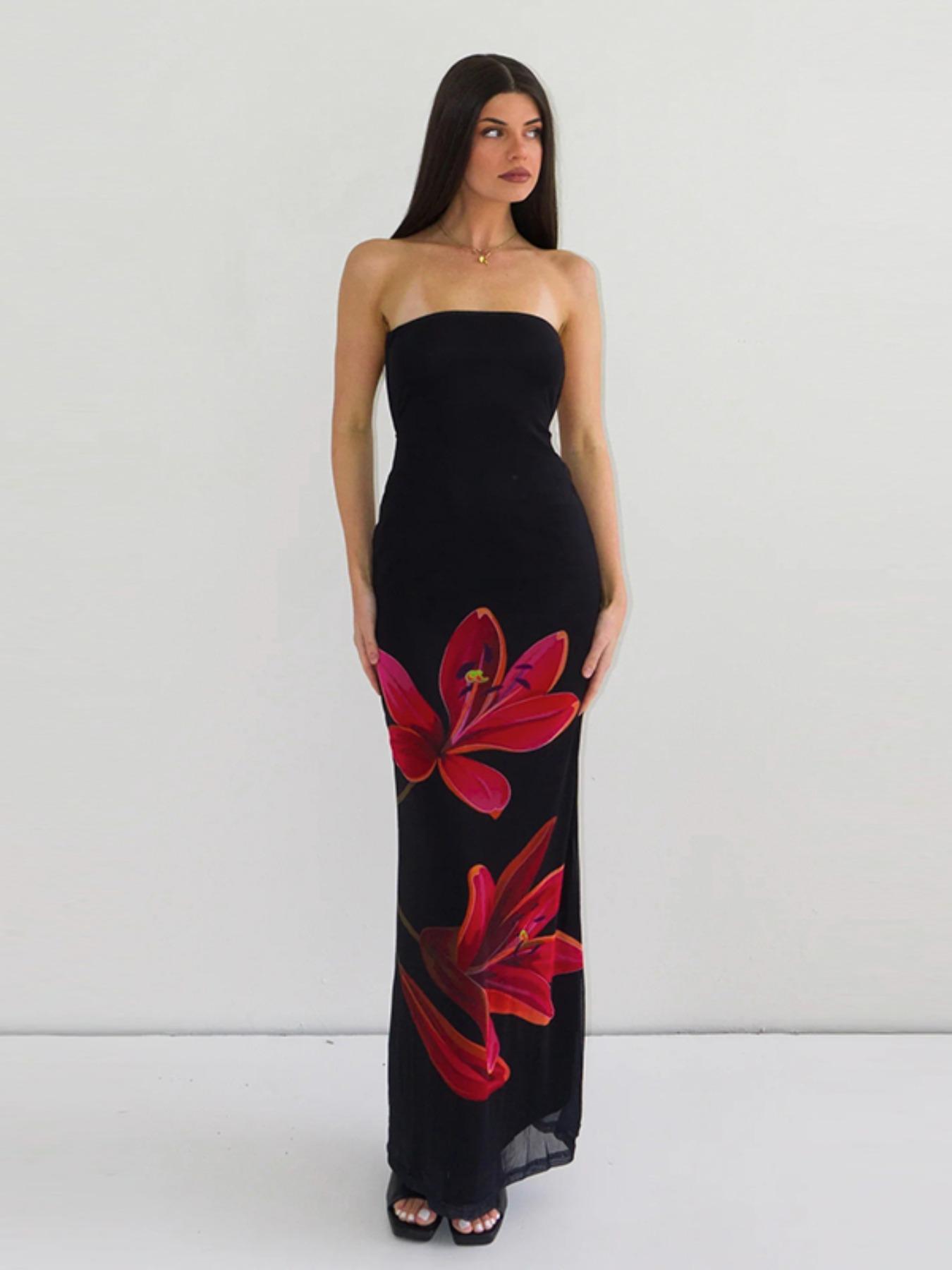 Women's Floral Print Backless Bodycon Mesh Tube Dress, Elegant Chic Strapless Tie Back Dress for Party Club Dating Wear, Ladies Summer Clothes