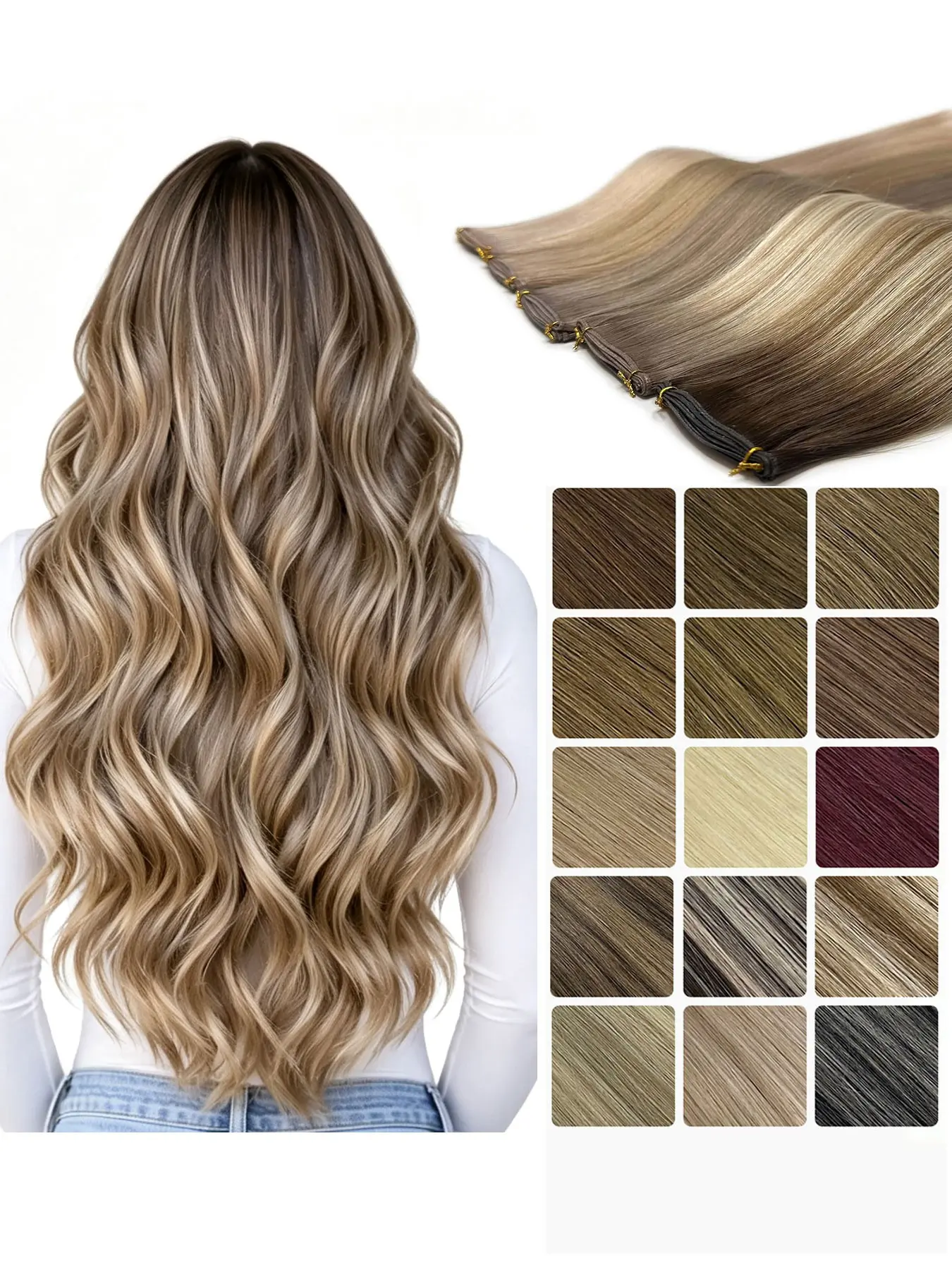 Genius Weft Sew In Virgin Remy Hand Tied Human Hair Extension, Natural Looking Hair 16inch 22inch Straight Silky Texture Seamless Invisible Blend Ombre Balayage Highlights Ash Blonde Chocolate Brown Honey Blonde #4/27 #B2/5 Women Daily Style