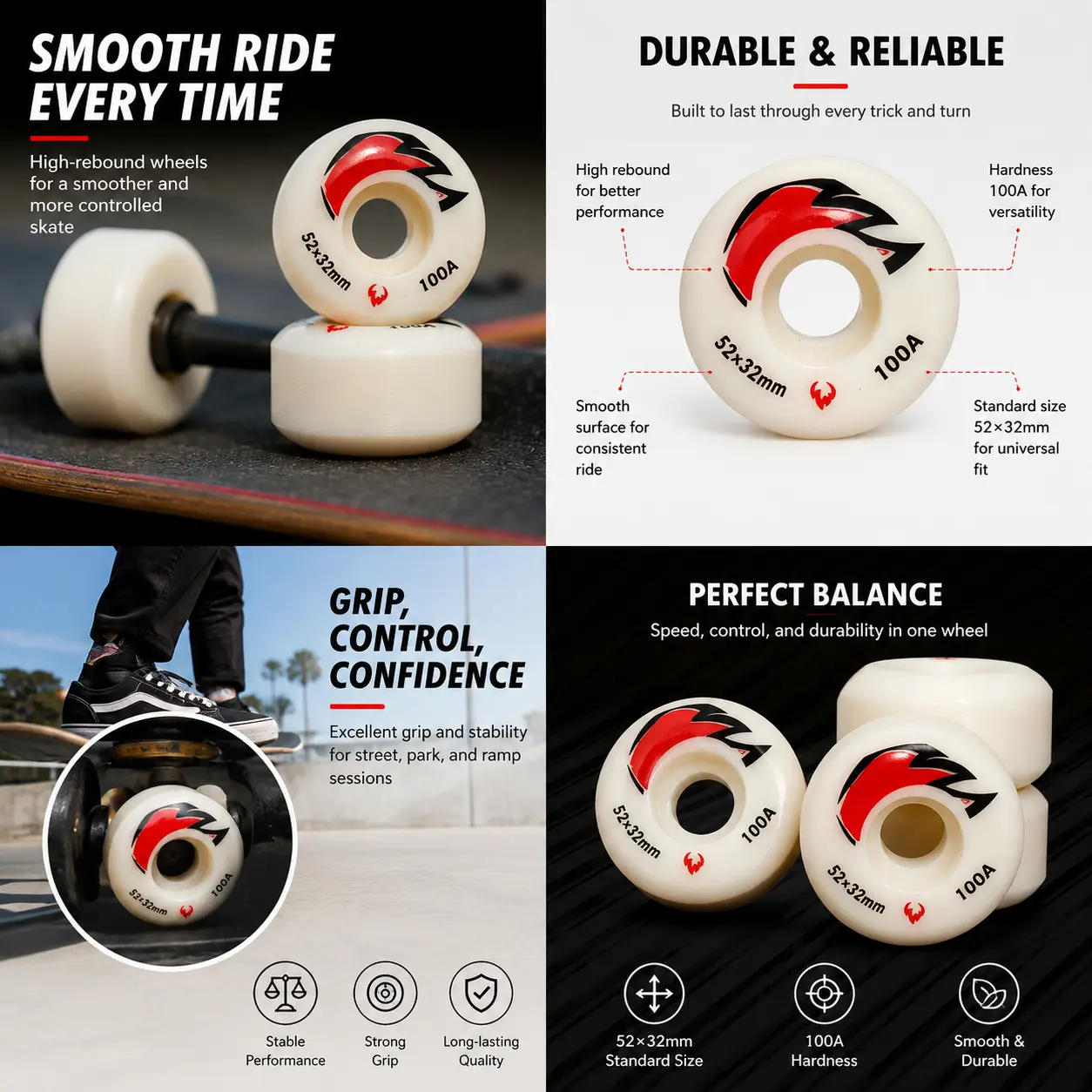 52×32mm Polyurethane Skateboard Wheels, Smooth Durable 4 Pack for Standard Trucks Street Park Ramp