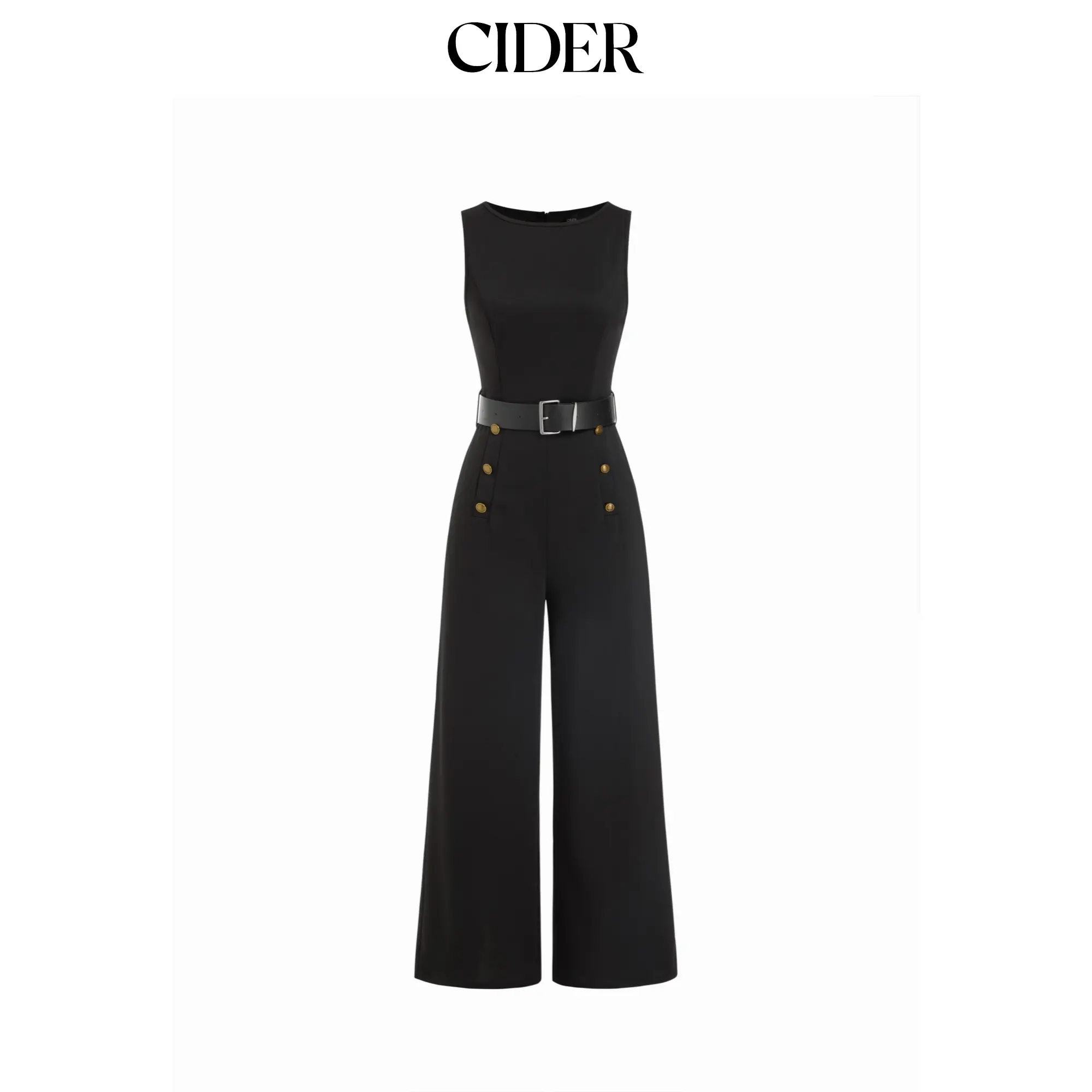 Cider Boat Neck Metal Detail Mid Rise Wide Leg Jumpsuit With Belt