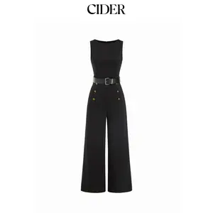 Cider Boat Neck Metal Detail Mid Rise Wide Leg Jumpsuit With Belt