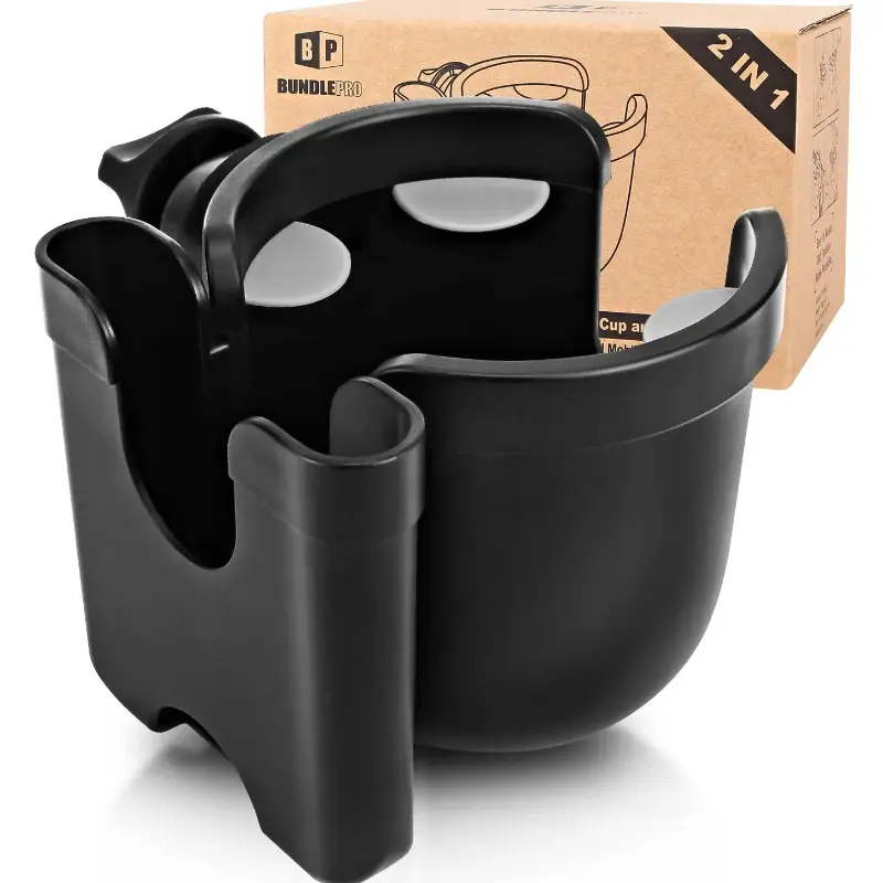 Universal Stroller Cup Holder with Mobile Phone Case, 2-in-1 Strollers Storage Rack, 360 Degrees Rotation Drink Holder for Bike, Pushchair, Wheelchair, Walker,Bicycle, Fits Most Cups