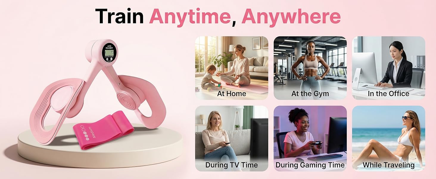 Thigh Trainer Pelvic Floor Muscle Trainer with 3 Smart Modes, 360 °   Adjustable Design Kegel Inner Thigh Exerciser with 25LB Resistance Band for Home Gym, Workout Equipment for Hip, Leg and Arm