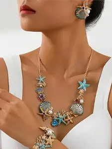 Women Ocean Jewelry Set 3Pcs Enamel Starfish Shell Coral Necklace Bracelet Earrings, Boho Summer Beach Vacation Coastal Accessories Gift