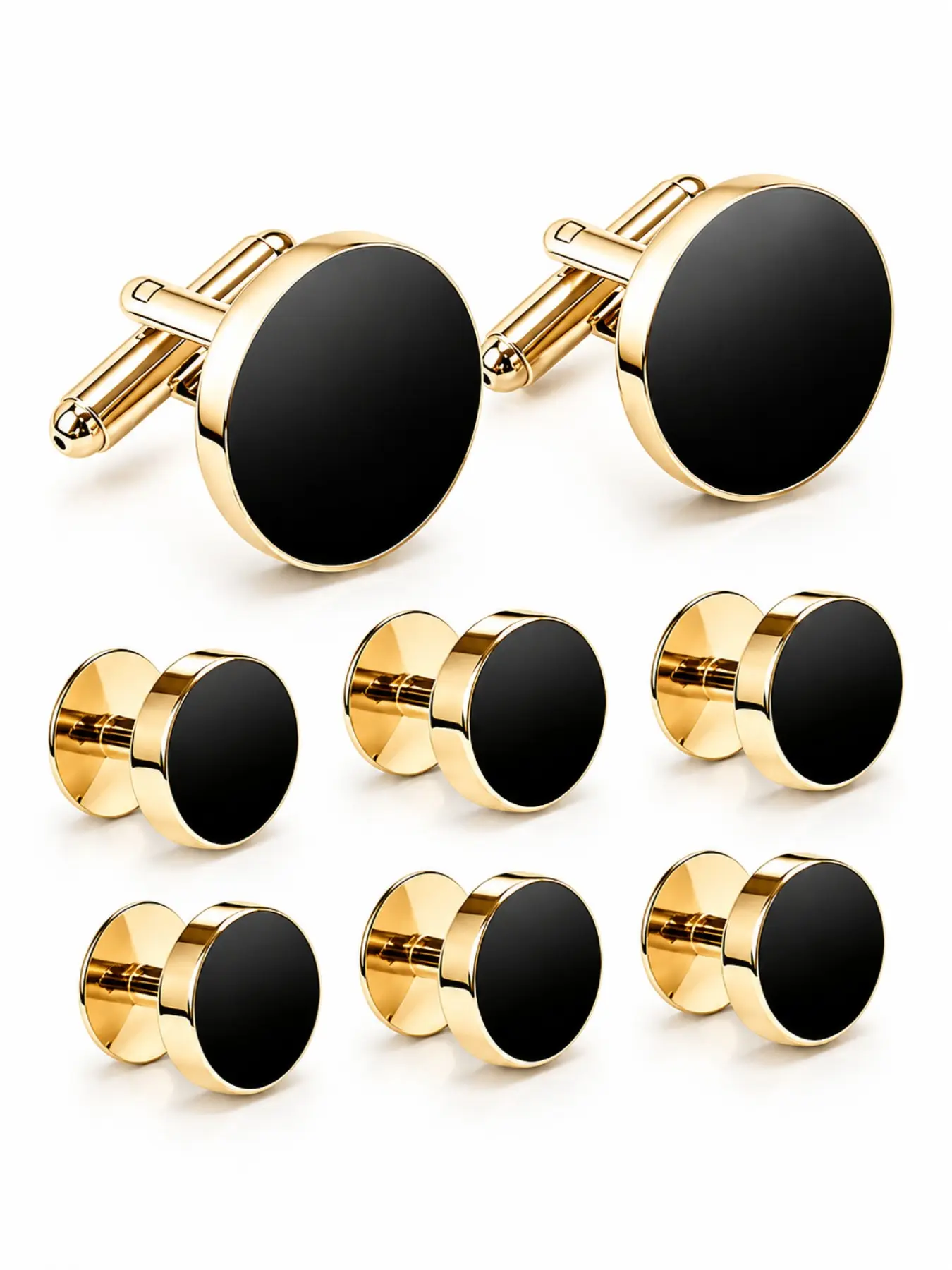 8PCS Black Gold Tuxedo Cufflinks & Shirt Studs Set, Round Formal Dress Shirt Accessories Styling for Men, Wedding Business Party