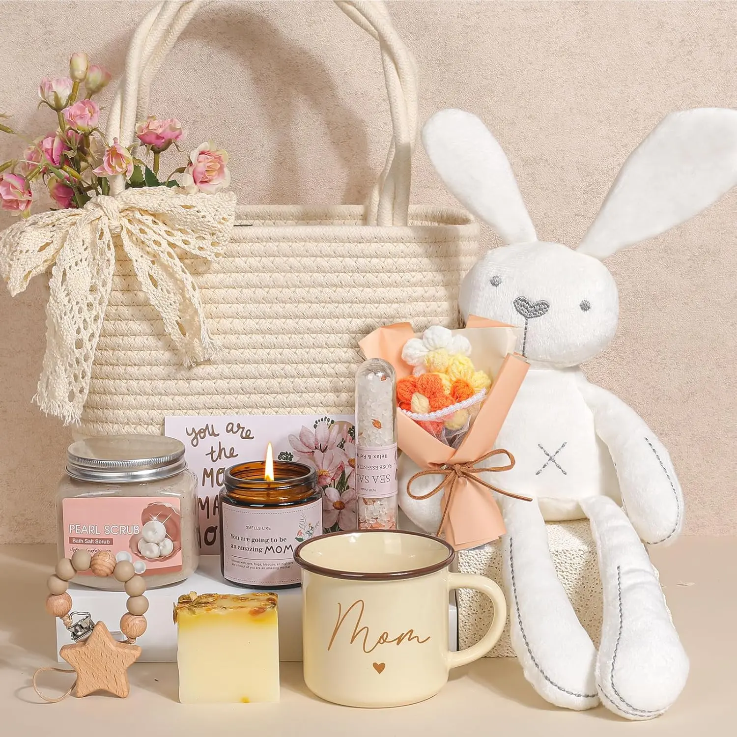 New Mom Gift Basket| New Mom Care Package with Tote Bag, Mug| Spa & Relaxation Set with Rose Bath Salt, Scrub, Handmade Soap & Card – Thoughtful Postpartum Gift for Mommy