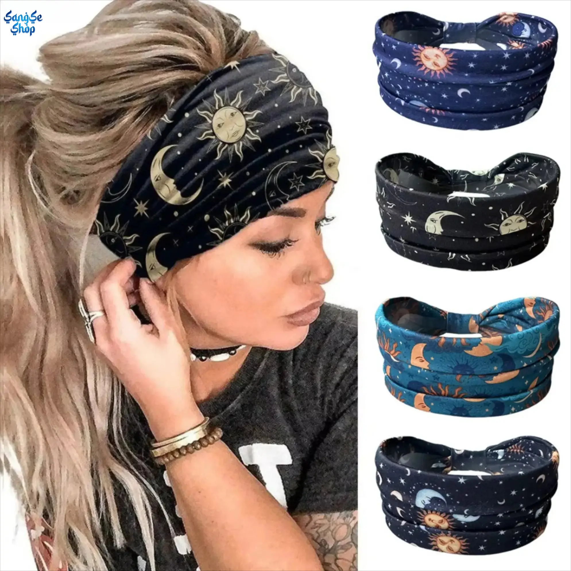 Women's Starry Moon Print Wide Headbands - Soft Stretchy Plastic Athletic Hair Bands, Trendy Galaxy Pattern Bag Charm Accessories for Workout, Daily Casual Use, Female