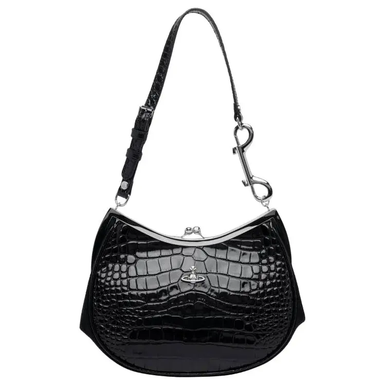 Vivienne Westwood Charm Frame Leather Shoulder Bag for Women, Silver Hardware, Black