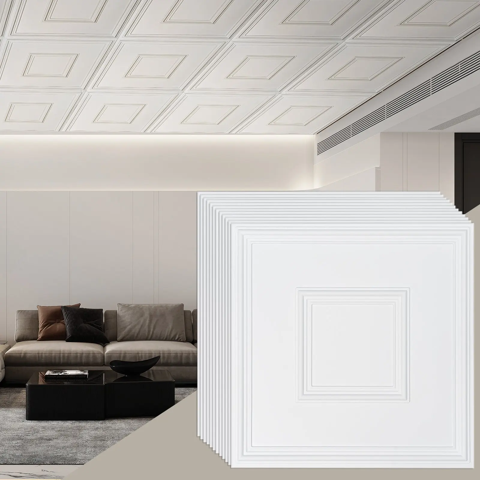 【DealsForYouDays】VEVOR Ceiling Tiles, 12-Pack 24x 24 in, Drop Ceiling Tiles Premium PVC Sheet, Easy Installation/ Cutting Plastic Glue-up Ceiling Tile, Ceiling Covering for Home/Office Decoration, White Geometric