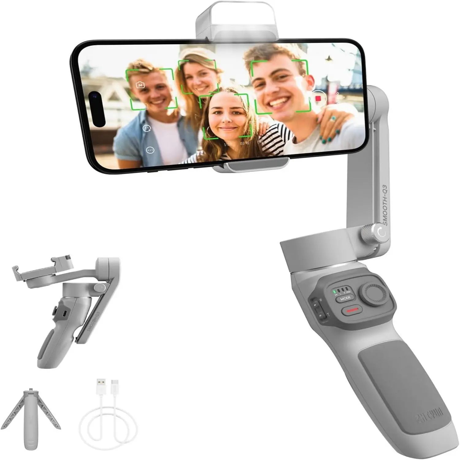 Zhiyun Smooth Q3 3-Axis Gimbal Stabilizer for Smartphone, Fill Light and Tripod, Auto Dolly-Zoom Time-Lapse, Portable and Foldable, Gesture Control
