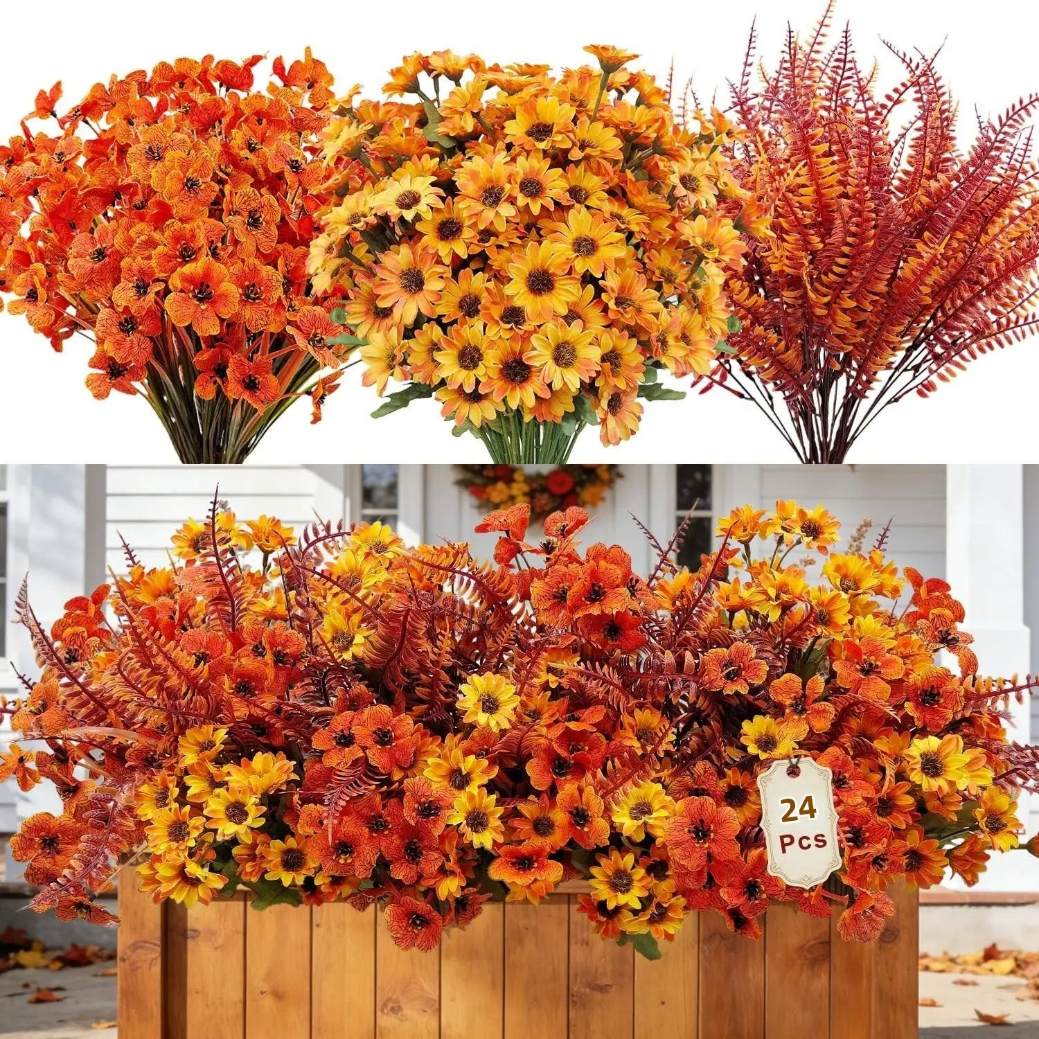 24 Bundles Artificial Fall Flowers, UV Resistant Fake Mums, Faux Fall Plants, Boston Fern, Outdoor Porch Garden Decor, Indoor Autumn Decor