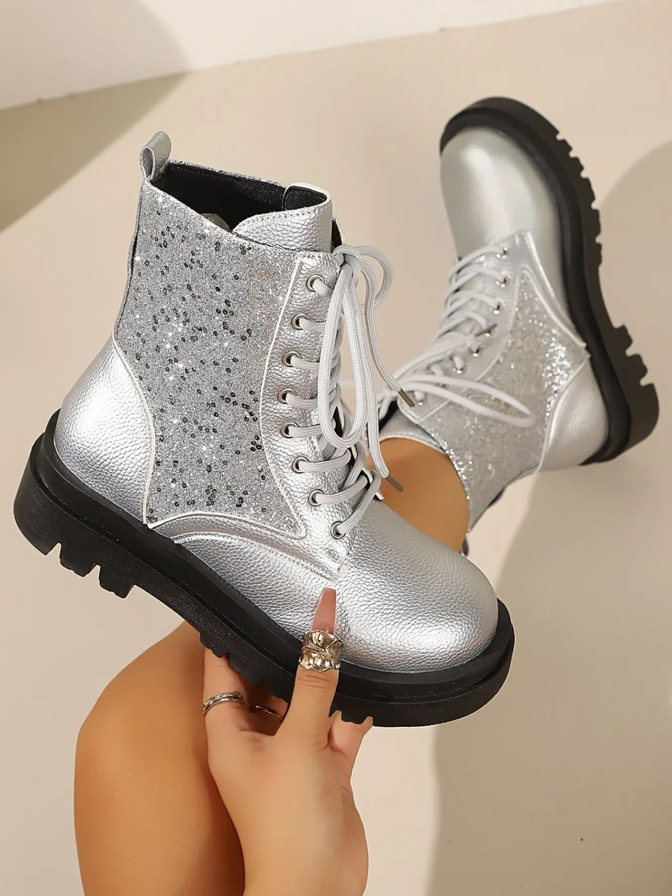 New Fall Sequined Women's Short Boots, Lace-Up Boots, Wide Fit Thick Sole, Round Toe, Slimming Patchwork, Sweet Cool Style, Party Shoes