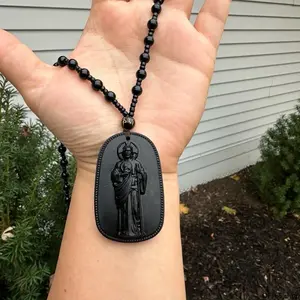 Handmade San Judas Tadeo Rosary Necklace Matte Solid Rectangular Engraved Pendant Strung Textured Bead Strand Unisex For Men Women Daily Catholic Prayer Spiritual Faith Portable Beaded Religious Jewelry