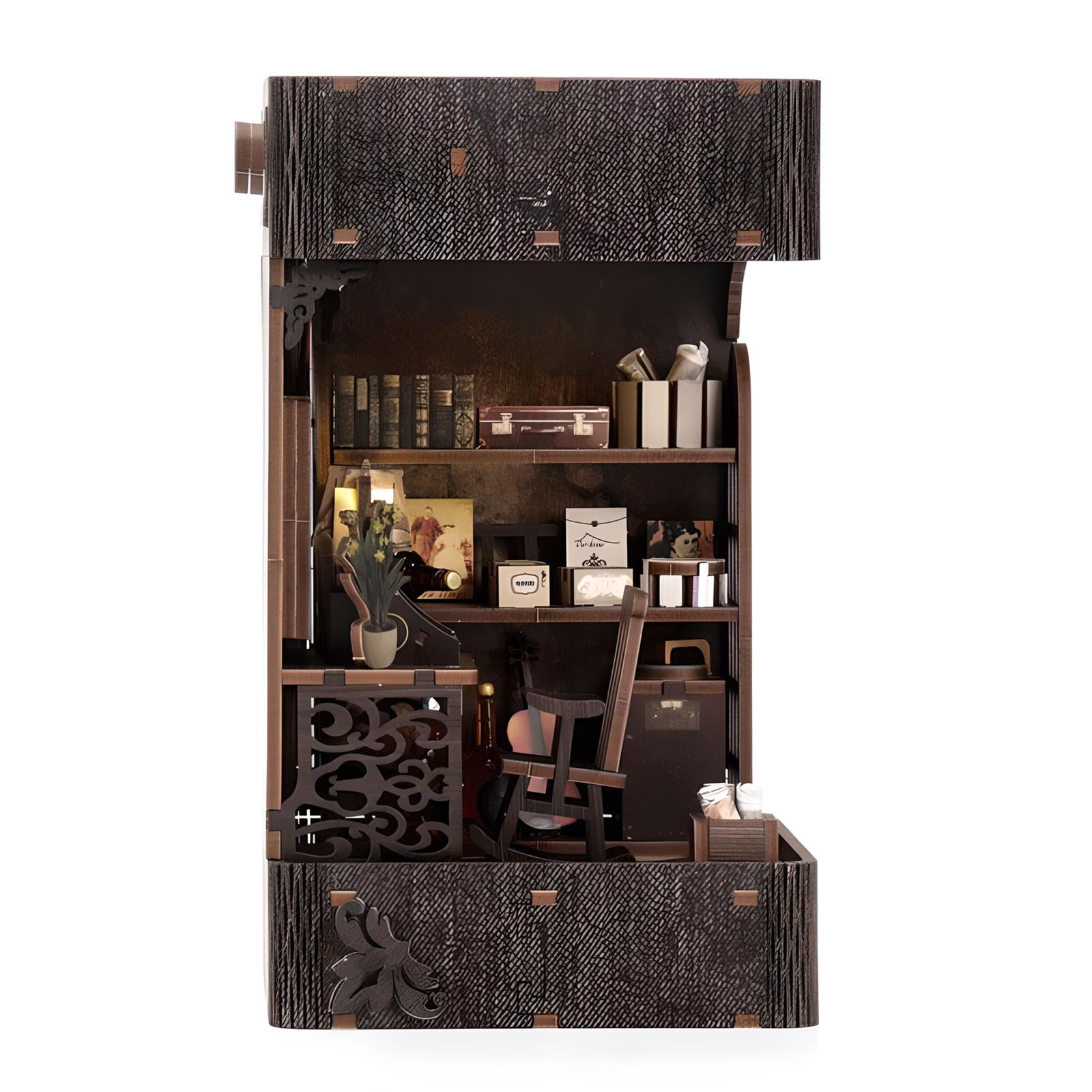 Handmade DIY Book Corner Cabin Set, Miniature Detective Society Puzzle Bookstand, 3D Wooden Bookshelf Decoration, LED Mini House Model Without Glue & AAA Battery, Stocking Fillers Gift